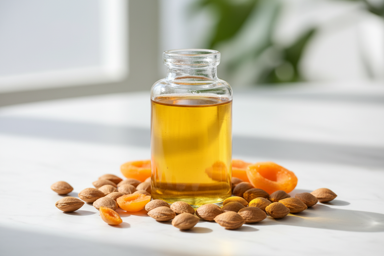 Apricot kernel oil in a jar with apricot kernels around it