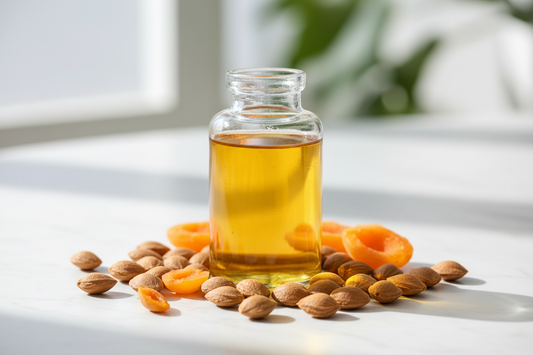 Apricot kernel oil in a jar with apricot kernels around it