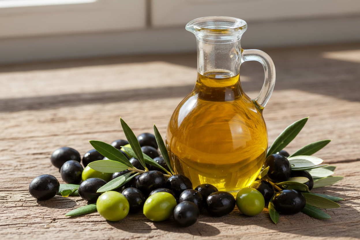 Olive oil in a jar with fresh olive fruit around it